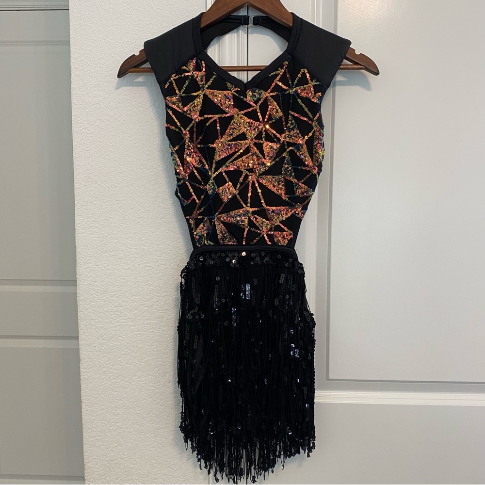 Weissman Black Dress with Multicolor Geometric Sequin Bodice and Fringe Skirt - Picture 2 of 9